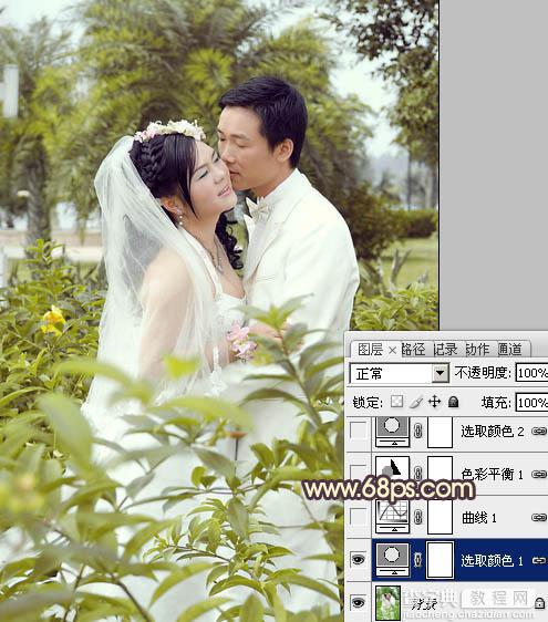 Photoshop为树林婚片调制出柔和的古典黄绿色效果8