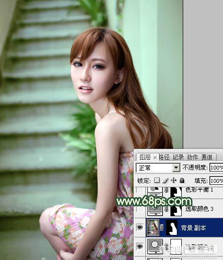 Photoshop将楼梯边美女图片调制出甜美的青绿色效果15