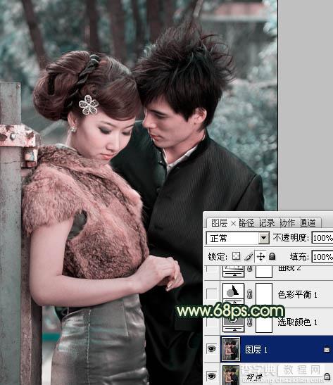 Photoshop给外景情侣图片调制出古典青黄色效果3