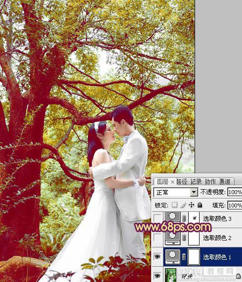 Photoshop将树林婚片增加上柔美的黄紫色效果7