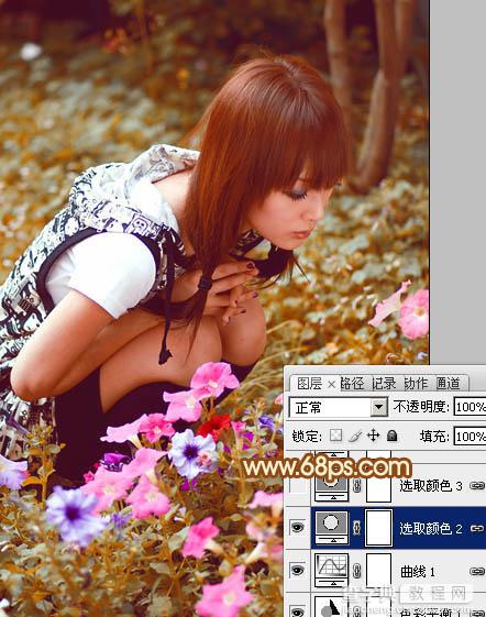 Photoshop为蹲在草地看花的美女图片增加上柔和的黄褐阳光色效果19