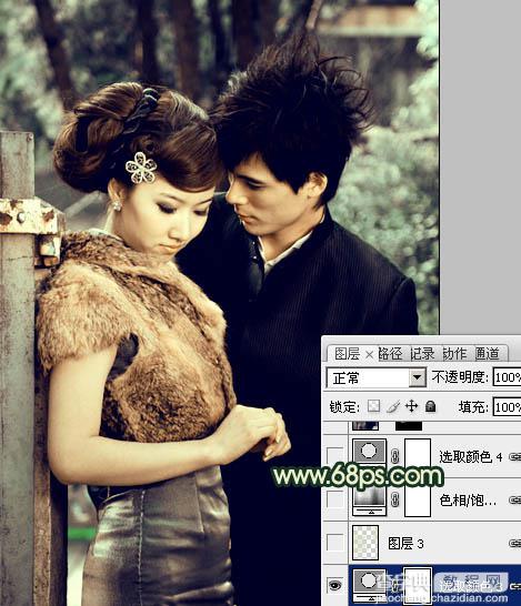 Photoshop给外景情侣图片调制出古典青黄色效果18