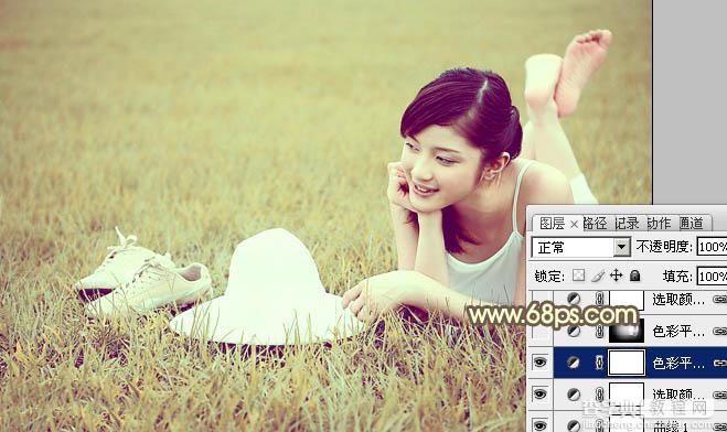 Photoshop为草地美女图片调制出柔和的粉黄色效果20