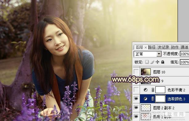 Photoshop将树林美女图片调成温馨的黄紫色24