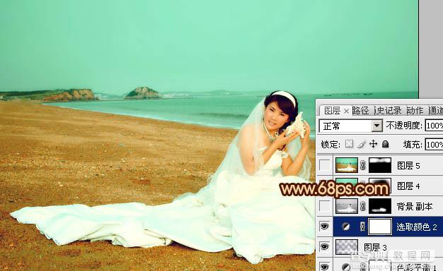 Photoshop将沙滩美女婚片调制出柔美的青黄色效果22