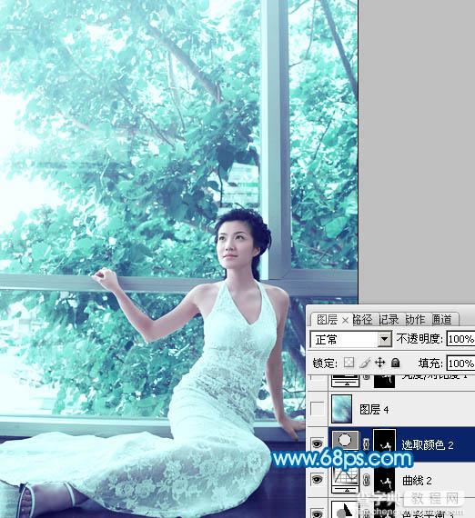 Photoshop为窗户边上的美女图片调制出梦幻的青绿色26