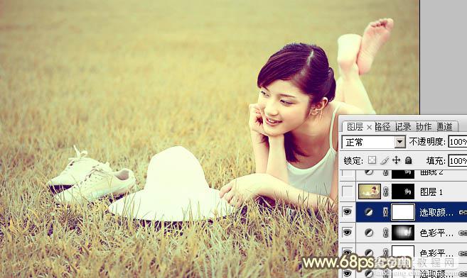 Photoshop为草地美女图片调制出柔和的粉黄色效果26