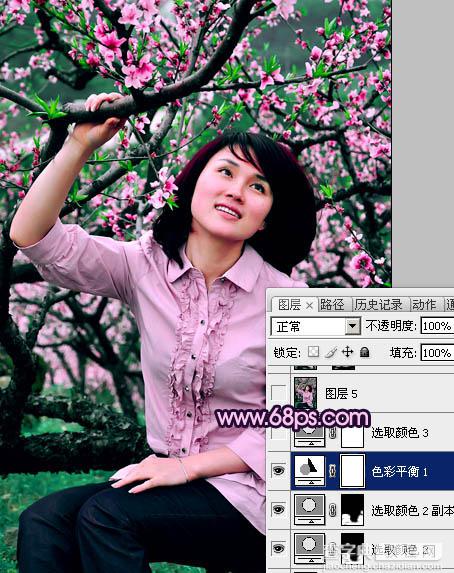 Photoshop将春季外景人物图片调成甜美的桃花色22
