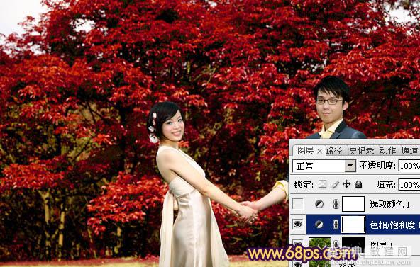 Photosho将树林情侣图片调成灿烂的橙红5