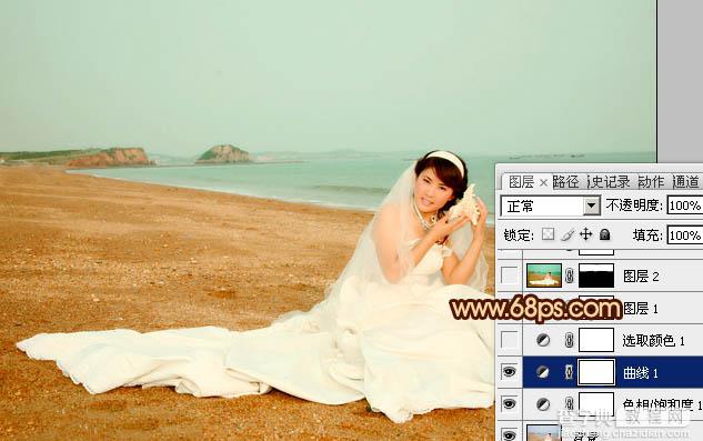 Photoshop将沙滩美女婚片调制出柔美的青黄色效果7