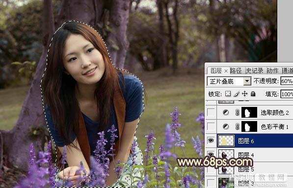 Photoshop将树林美女图片调成温馨的黄紫色12