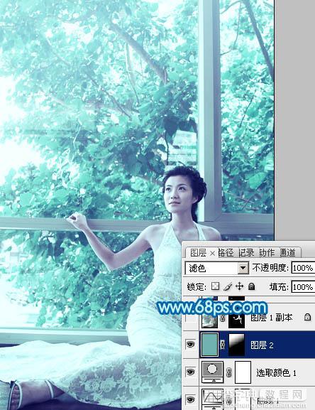 Photoshop为窗户边上的美女图片调制出梦幻的青绿色17