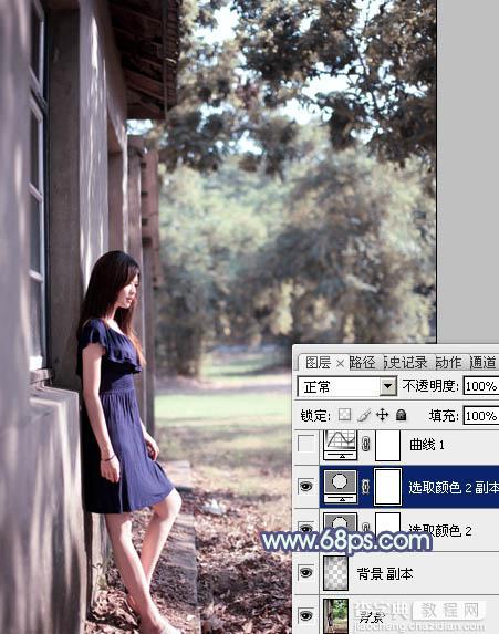 Photoshop将房檐下的美女增加古典暗蓝色效果8