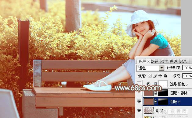 Photoshop为坐在公园椅子上的美女图片增加流行的韩系黄褐色43