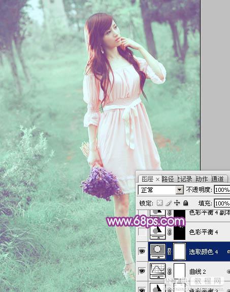 Photoshop将树林美女图片调制出柔美的淡调青绿色31