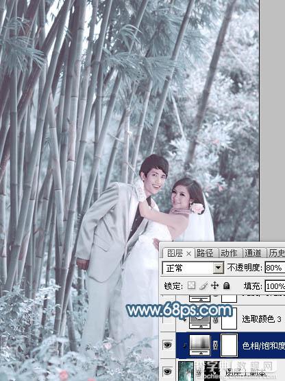 Photoshop为竹林婚片调制出梦幻复古的淡调青蓝色20