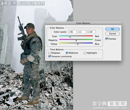 Photoshop合成士兵站在战争蹂躏的上的冷色调海报9