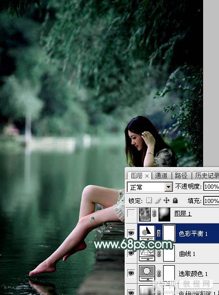 Photoshop为湖边的美女调制出童话中的梦幻青色调16