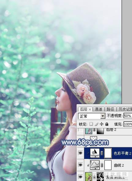 Photoshop将树景美女图片打造唯美的小清新的淡调青绿色29