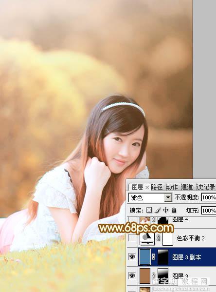 Photoshop将趴在草地上的可爱女孩加上甜美的秋季黄褐色32