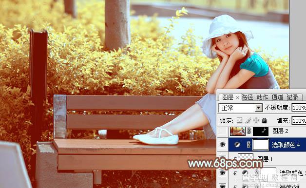 Photoshop为坐在公园椅子上的美女图片增加流行的韩系黄褐色41