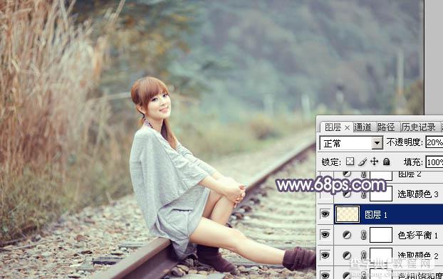 Photoshop为铁轨上的美女加上甜美的中性粉调蓝黄色28