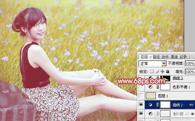 Photoshop为草地上的美女加上小清新的粉黄色16