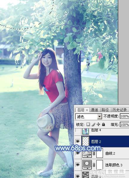 Photoshop为树边的女孩增加流行的淡调青蓝色30