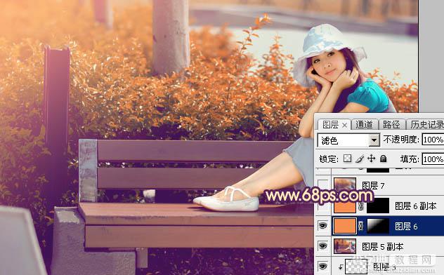 Photoshop为公园长凳上的美女加上唯美的深秋橙褐色43