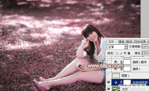 Photoshop打造唯美的粉红色草地美女图片5
