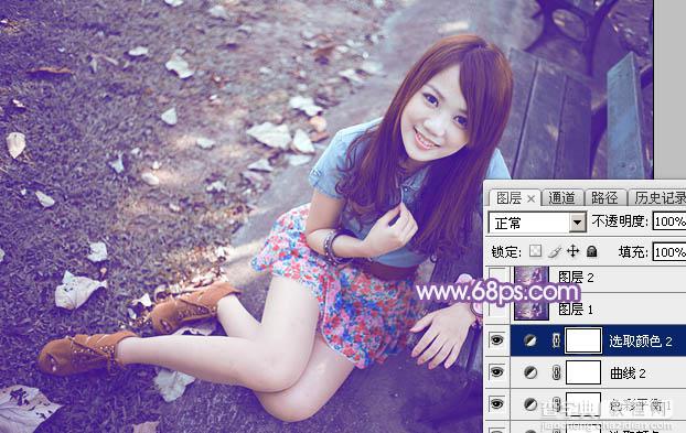 Photoshop为公园路边的美女调制出甜美的蓝紫色24