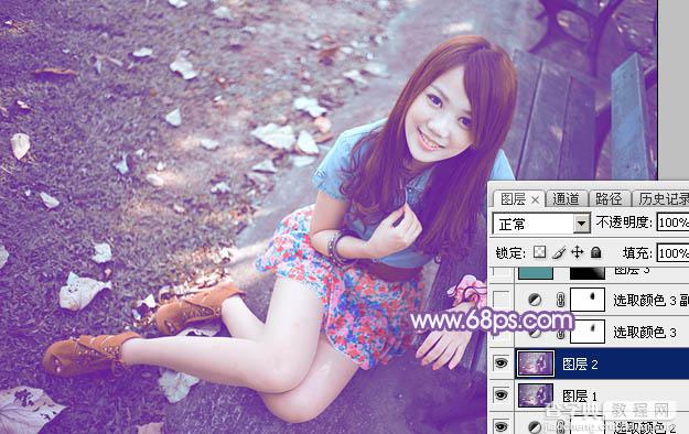 Photoshop为公园路边的美女调制出甜美的蓝紫色29