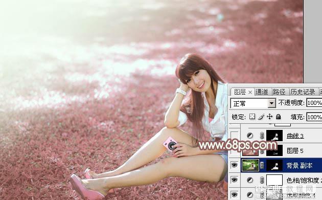 Photoshop打造唯美的粉红色草地美女图片37