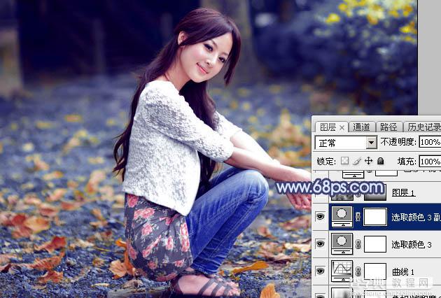 Photoshop将外景美女图片打造出甜美的深秋暗蓝色效果27