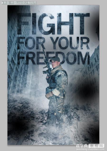 Photoshop合成士兵站在战争蹂躏的上的冷色调海报21