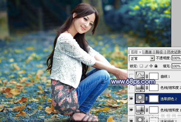 Photoshop将外景美女图片打造出甜美的深秋暗蓝色效果15