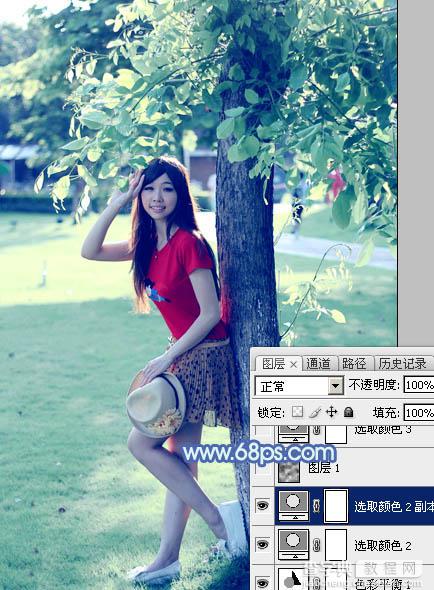 Photoshop为树边的女孩增加流行的淡调青蓝色24