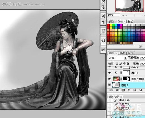 Photoshop CS3将古装MM打造成水墨画风格效果21