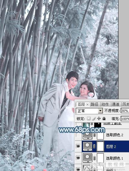 Photoshop为竹林婚片调制出梦幻复古的淡调青蓝色14