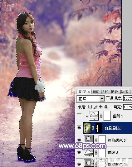 Photoshop为树林中的人物加上经典深秋红蓝色29