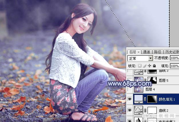 Photoshop将外景美女图片打造出甜美的深秋暗蓝色效果48