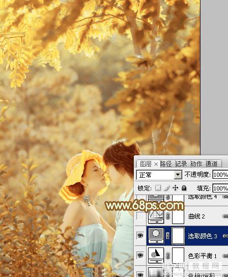 Photoshop将树林情侣图片增加上柔和秋季粉黄色25