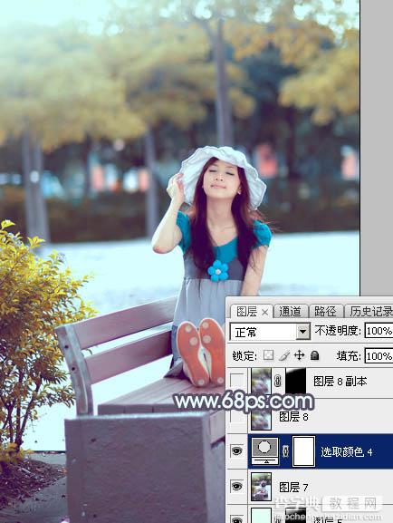 Photoshop给公园长凳上的美女调制出秋季蓝黄色41