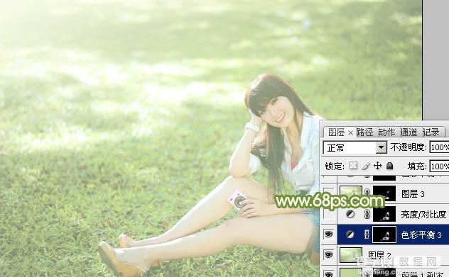 Photoshop将绿草上的美女打造出甜美的韩系淡绿色33