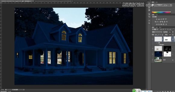Photoshop把白天的别墅照片调成逼真的夜景效果10