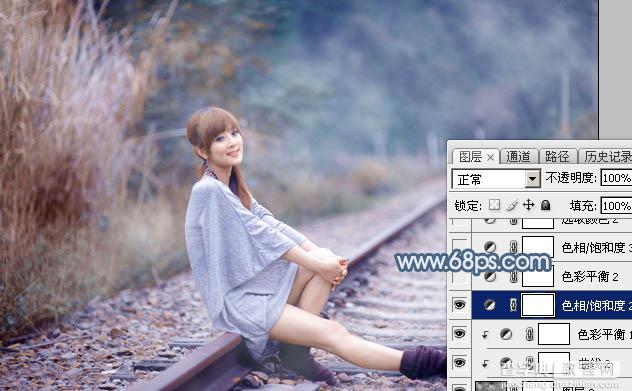 Photoshop为铁轨上的美女调制出梦幻的淡蓝色21