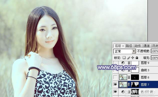 Photoshop将绿树边的美女调制出淡美的蓝黄色34