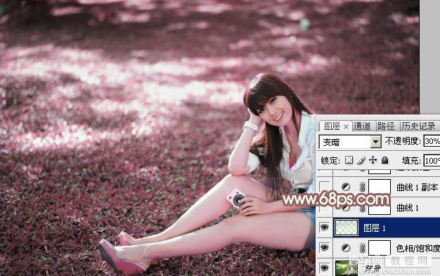 Photoshop打造唯美的粉红色草地美女图片6