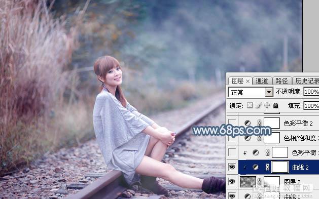 Photoshop为铁轨上的美女调制出梦幻的淡蓝色16