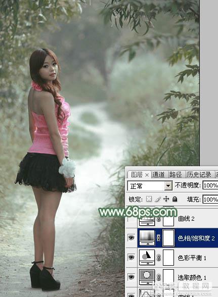 Photoshop为林间路上的美女添加梦幻的冷色绿色调21